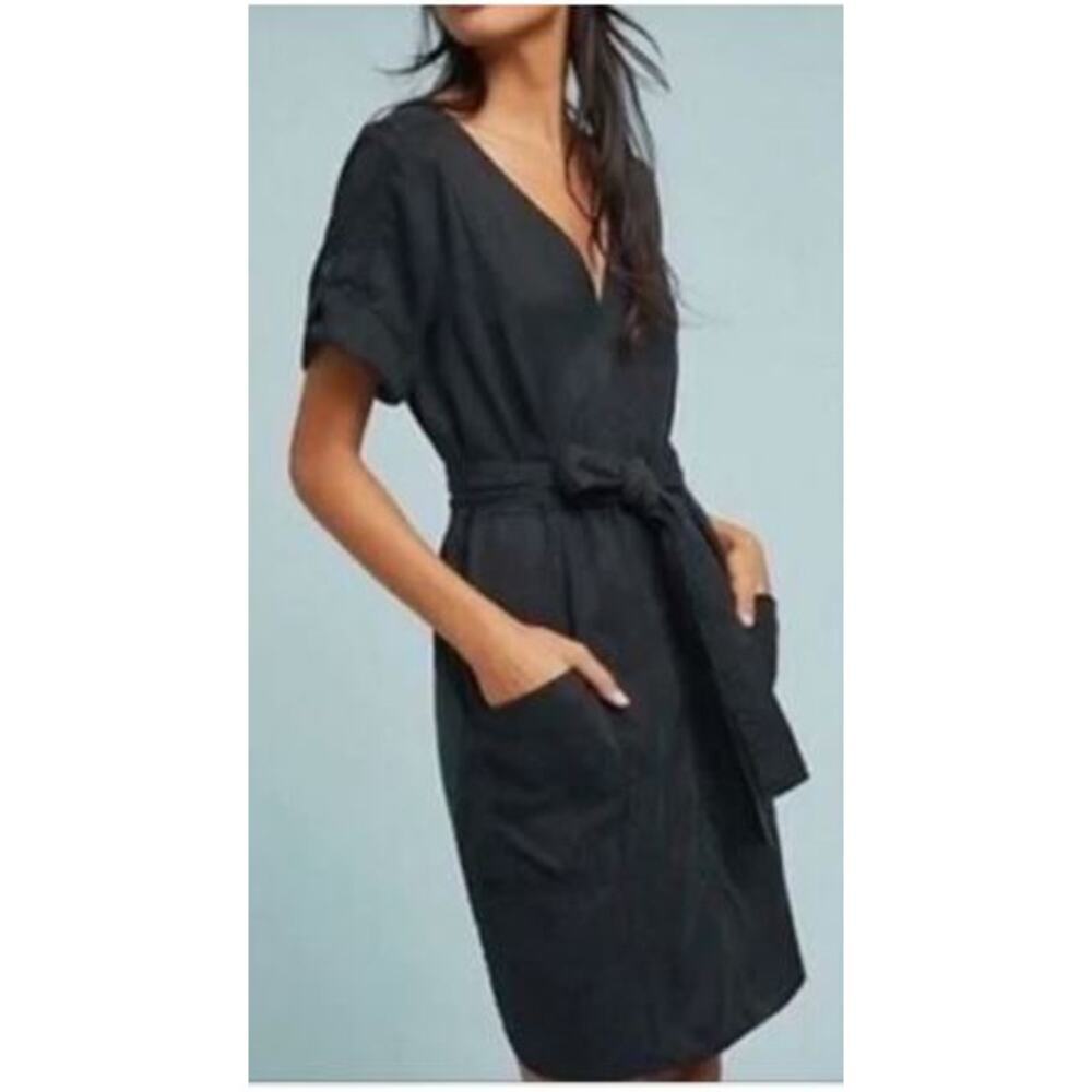 Pilcro And The Letterpress XS Belted Mini Dress Black Lyocell Roll Tab Sleeves